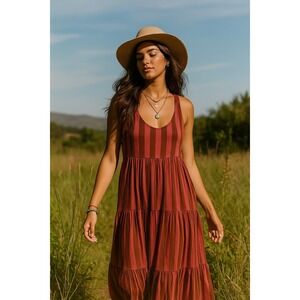 Womens Maxi Size Medium Striped Casual Dress-pink Brown Prairie Boho Cottagecore